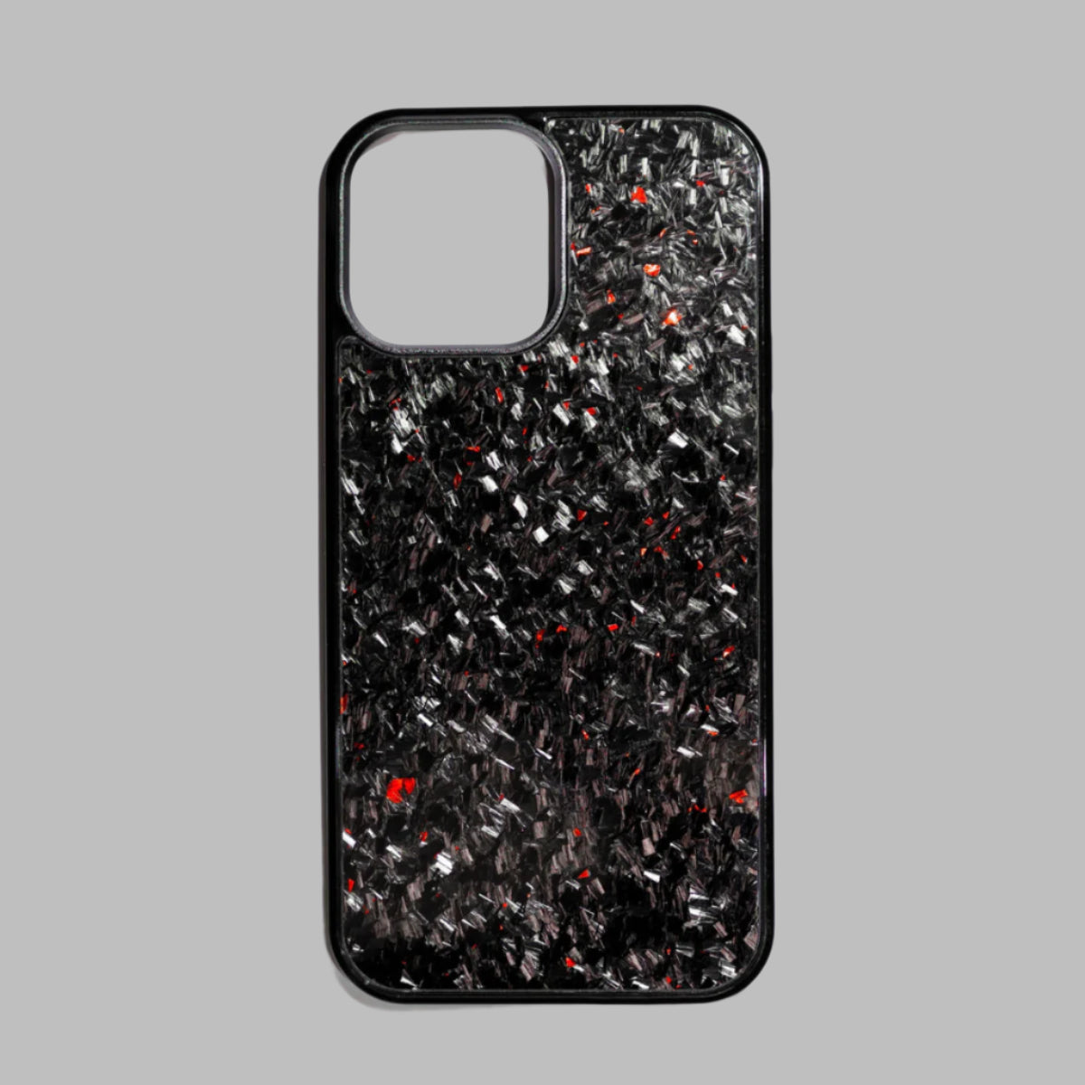 Phone case with black and red glittery finish.