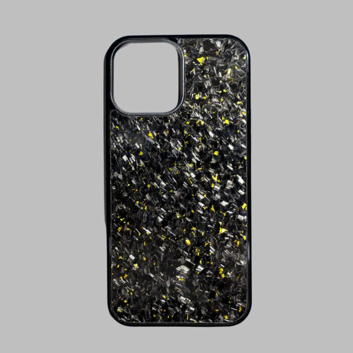 Phone case with black and yellow speckled pattern