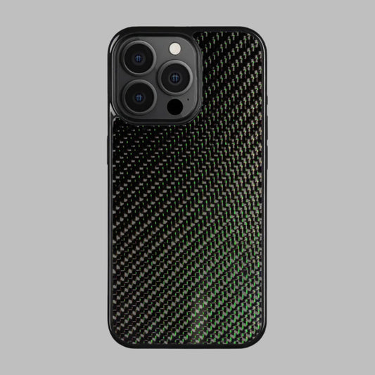Phone case with carbon fiber pattern on a white background