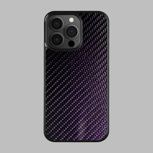 Phone case with a black and purple carbon fiber pattern on a gray background