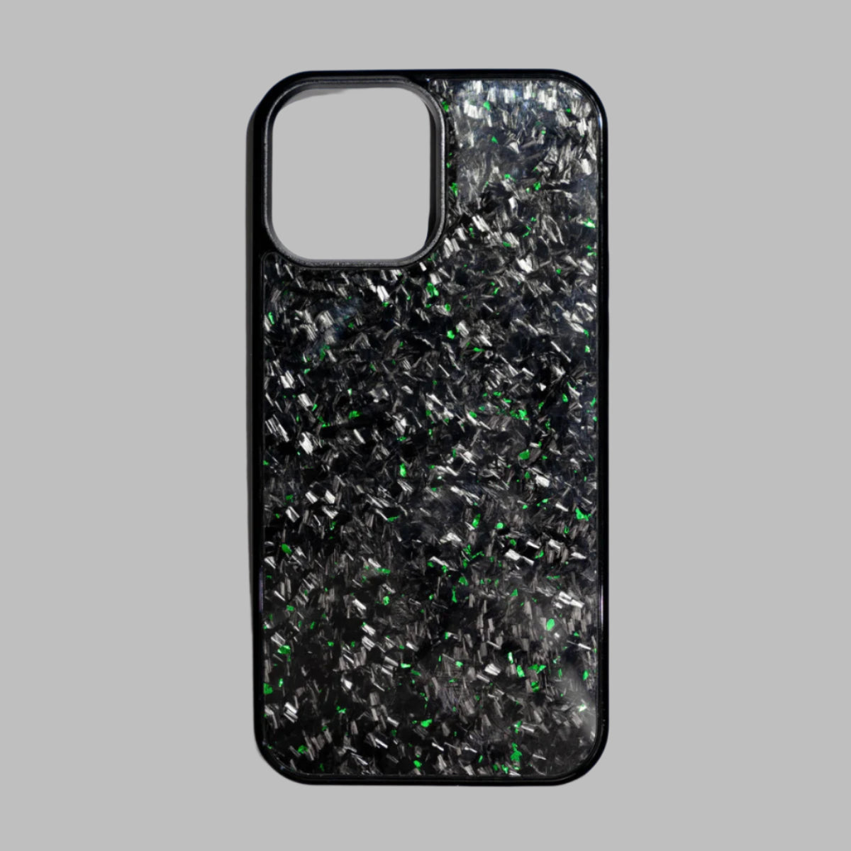 Phone case with black and green glittery pattern 