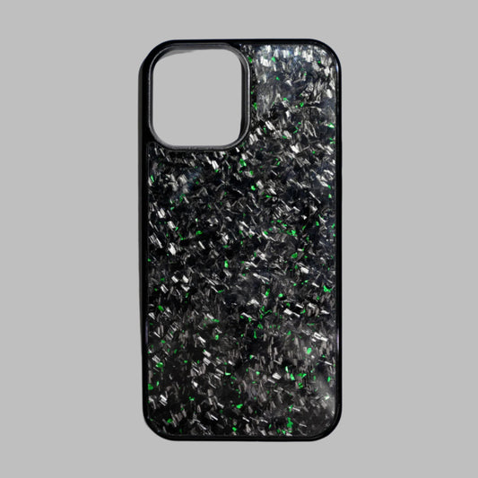 Phone case with black and green glittery pattern 