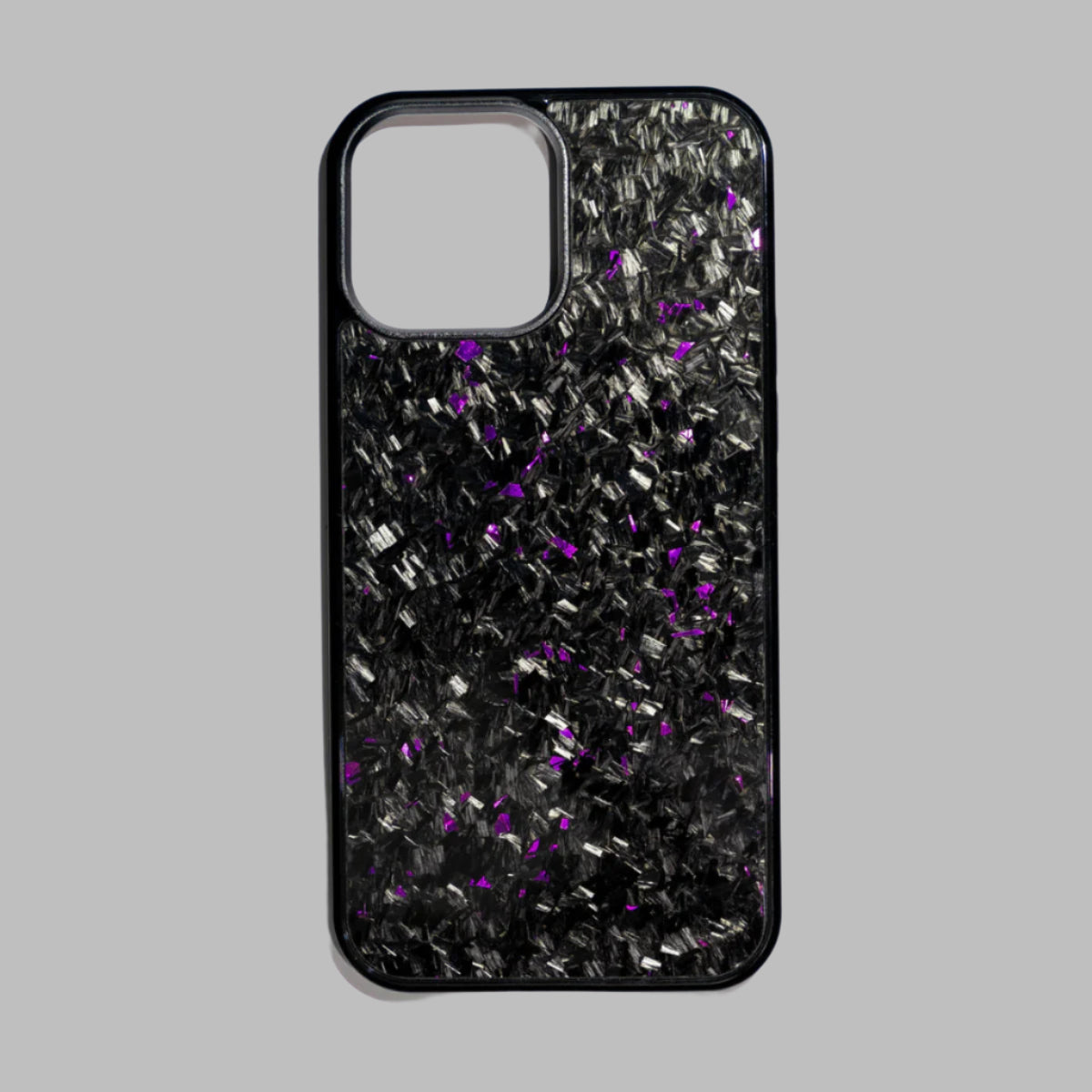 Phone case with black and purple glittery pattern 